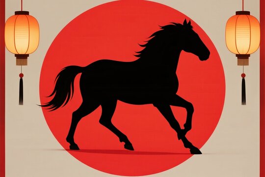 Silhouette of a horse with red lanterns