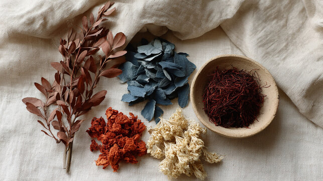 Overhead Flat Lay of Natural Plant-Based Dye Materials with Indigo, Madder and Fabric on White Linen