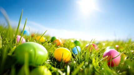 Fototapeta premium Colorful Easter Eggs Scattered in Dewy Green Meadow