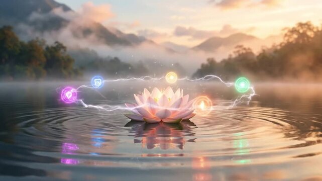 Spiritual Harmony Chakras and Lotus Flower Emanating Energy Over Serene Water and Misty Mountains