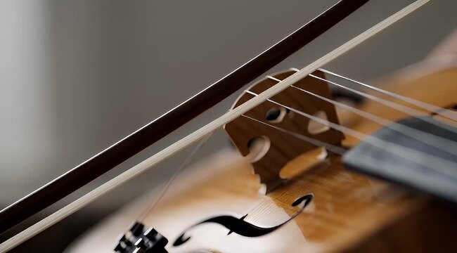 Close up of a violin, bow, and strings, showcasing the instrument's detail