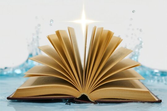 Open book with water splash