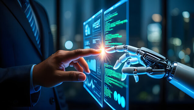 Close up of a human finger and a robotic hand touching a glowing digital screen with data code symbolizing artificial intelligence and human-robot partnership