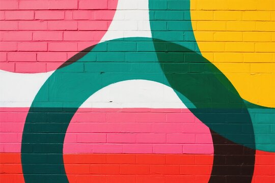 Colorful geometric mural on brick wall