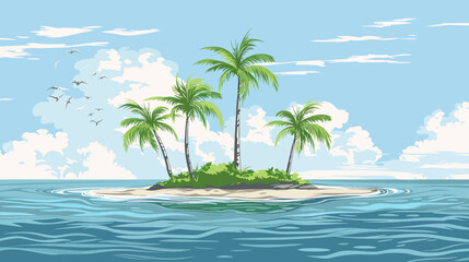 Fototapeta premium Pixel art island scene palms on a sandy isle surrounded by rippling sea under a cloudy sky
