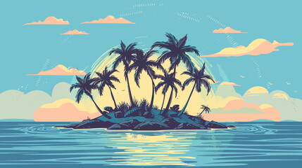 Obraz premium Pixelated tropical island scene with palm trees, ocean, and a pastel sky with clouds
