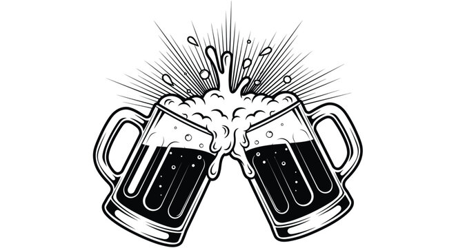 Two beer mugs clinking together with foam explosion in black and white illustration for celebration