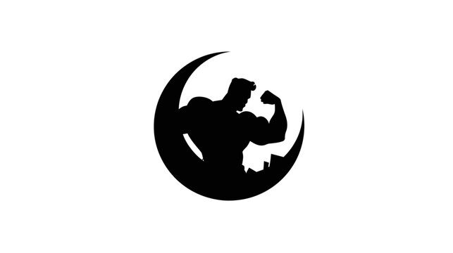 Muscular man flexing bicep silhouette icon in crescent shape. Fitness, bodybuilding, strength, power, workout concept.