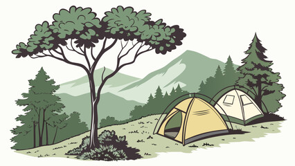 A picturesque campsite nestled in a lush forest with a tent and scenic mountains in the background Vector © RABBY MIA