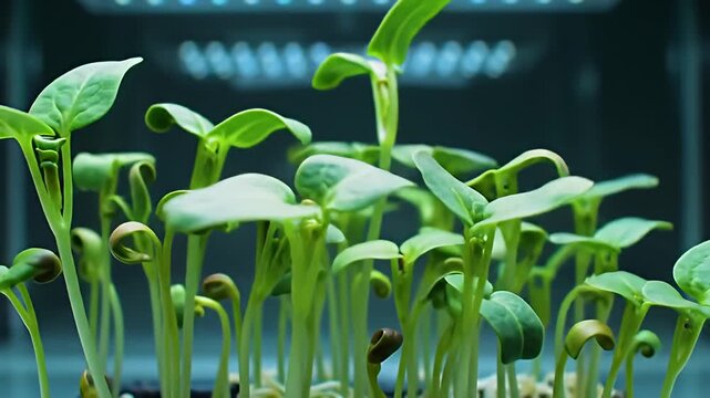 Seedlings emerging, green leaves catching light, soft focus background