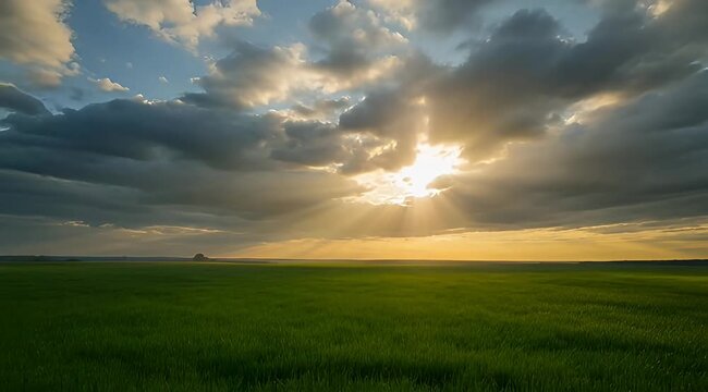 Dramatic sunlight breaking through clouds over a vibrant green field landscape image