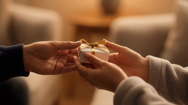 Person giving a small white wrapped gift with gold ribbon to another person