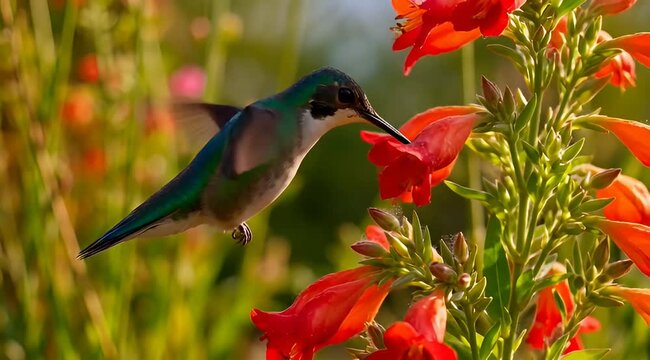 Hummingbird gracefully flitting around vibrant red flowers in a sunlit garden