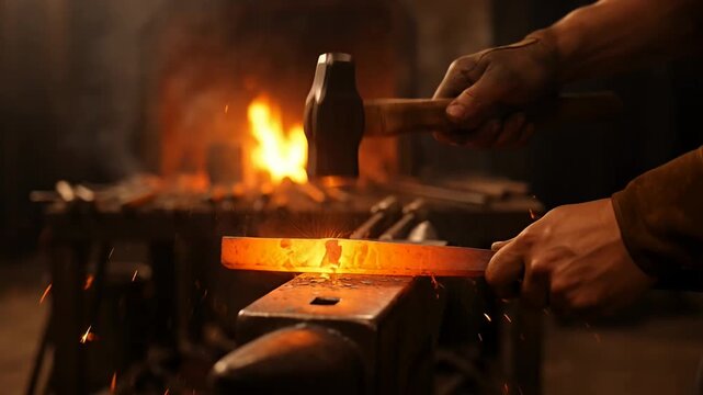 Dramatic image of a blacksmith forging hot metal on an anvil in a dark workshop