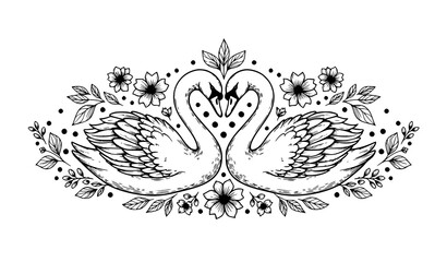 Pair of swans forming heart shape with floral decoration black and white line art vector illustration © Mdjony