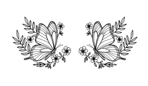 Decorative butterfly pair with floral elements black and white line art vector illustration isolated on white