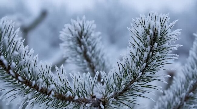 Closeup shot of pine needles covered in frost in a snowy environment