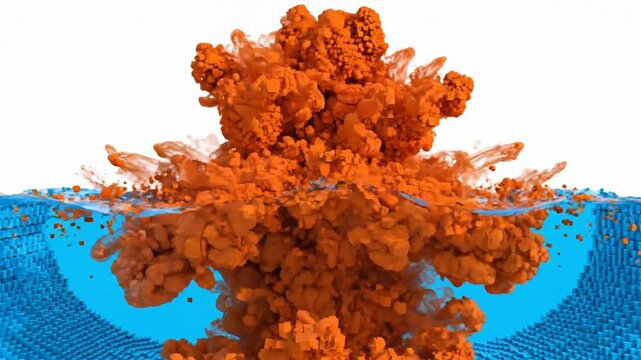 Abstract voxel animation of an orange drop splashing into blue water with vibrant movement
