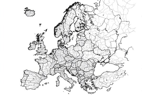 Black and white detailed outline of Europe, showing country borders and internal divisions