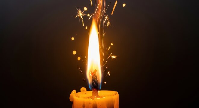 Captivating close-up of a bright flame and golden yellow glow emanating from a burning candle wick, creating a shower of magical sparks, anniversary, sparkle, ethereal
