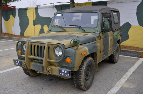 PAJU SOUTH KOREA: DMZ Military police Jeep in South Korea. The Korean Demilitarized Zone is a strip of land in Korean Peninsula serves as a buffer between North and South Korea.