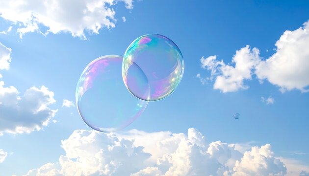 Two iridescent bubbles float against a bright, cloudy sky on a sunny day