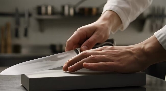 Chef sharpens a knife on a whetstone, close up view of hands