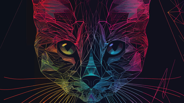 Geometric cat illustration vibrant color lines on dark background