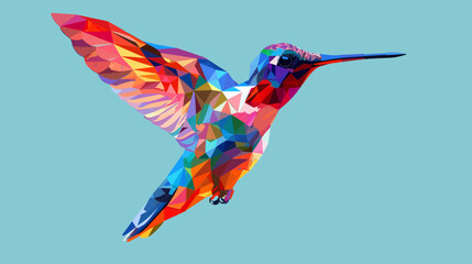 Geometric hummingbird illustration with vibrant colors against a blue background