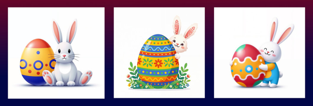 Set of colorful Easter bunnies with decorated eggs in a cheerful style on white background
