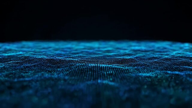 Abstract blue digital waves flow across a dark technological surface, creating a futuristic pattern.