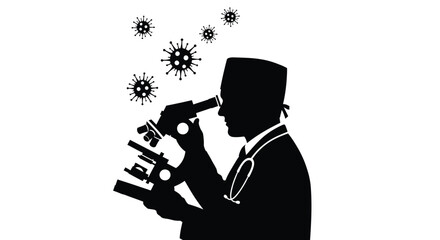Scientist examining microbes with a microscope a striking black silhouette © Digonto