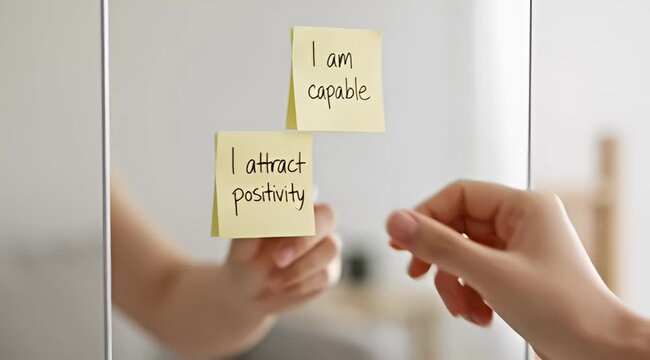 Hand adhering inspirational yellow sticky notes to mirror as a positive affirmation