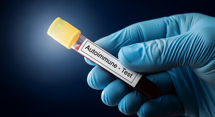 Fototapeta premium Hand in blue glove holding blood sample tube labeled Autoimmune Test image