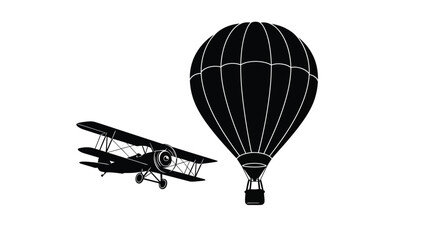 Vintage hot air balloon and biplane fly together black silhouette © Digonto