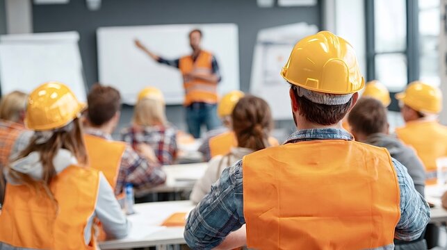 Construction workers attending safety training presentation in classroom