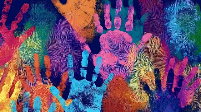 Colorful handprints and fingerprints symbolizing diversity and inclusion