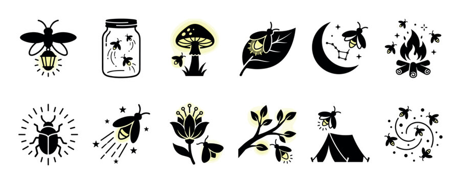 Set of glowing firefly and lightning bug icons in a minimalist black silhouette style showing summer night camping scenes with a jar, tent, campfire, and moon