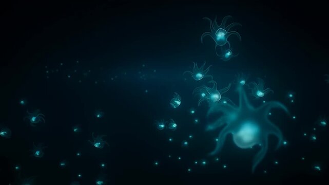Artistic depiction of glowing jellyfish drifting in the deep dark ocean