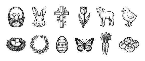 Obraz premium Hand-drawn Easter holiday icon set with symbols of spring and religion like a bunny, egg, cross, and lamb in a black and white vintage sketch illustration style