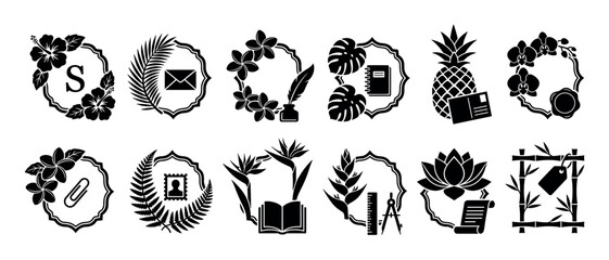 Fototapeta premium Collection of black silhouette tropical stationery icons featuring flowers, leaves, and office supplies in decorative frames for logos, emblems, or graphic design elements