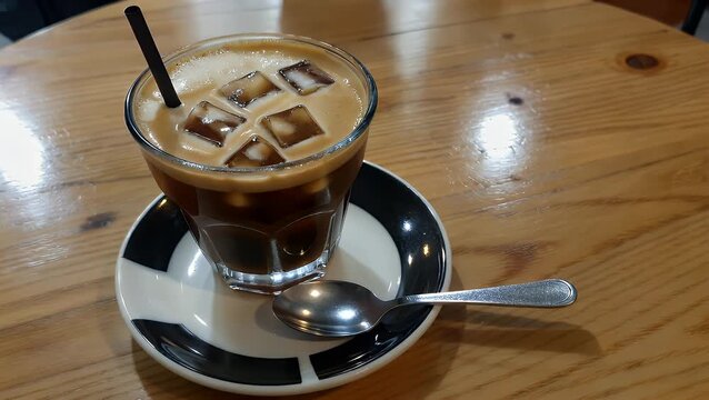 A chilled blended coffee beverage positioned upon an outdoor bistro table featuring a dark drinking tube and utensil