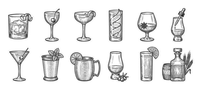 Large set of alcoholic cocktails and drinks in various glasses, illustrated in a detailed black and white vintage engraving style, including whiskey, martini, and highball beverages