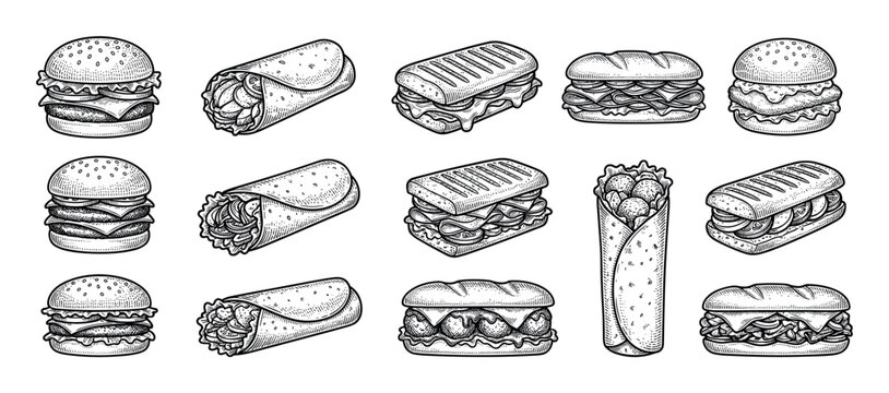 Set of hand-drawn fast food illustrations including burgers, burritos, panini, and submarine sandwiches in a detailed black and white vintage engraving sketch style