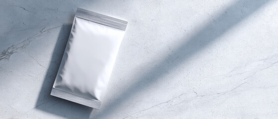Blank white sachet packaging Silica gel, humidity on marble