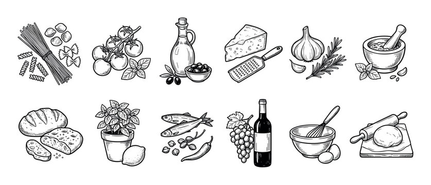 Collection of hand-drawn food illustrations featuring pasta, tomatoes, olive oil, cheese, garlic, bread, wine, and other culinary ingredients in a vintage black and white sketch style
