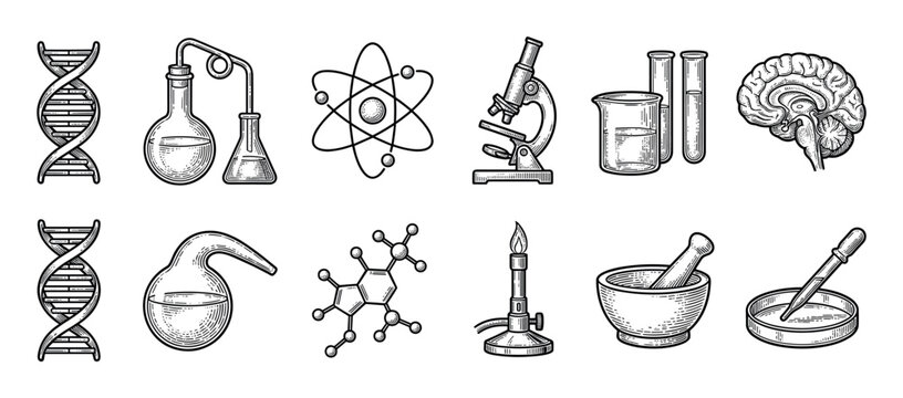 Large set of vintage scientific icons including a DNA helix, microscope, atom, brain, and laboratory equipment in a detailed black and white engraving illustration style