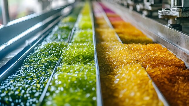 Close up of vibrant colored rice grains flowing through industrial processing lines showcasing environmental measures in food production with emphasis on sustainability and efficiency in agricultural