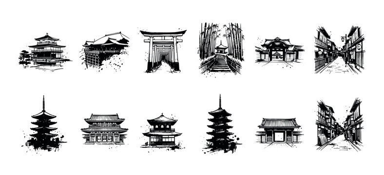 Collection of black ink sketch illustrations of traditional Japanese architecture, including pagodas, temples, torii gates, and street scenes in a dynamic, hand-drawn style