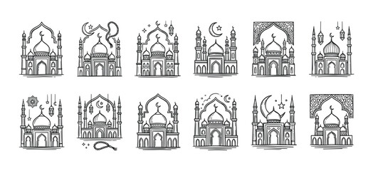 Naklejka premium Set of twelve hand-drawn mosque illustrations in a black line art style for Ramadan and Eid celebrations, featuring domes, minarets, crescents, stars, and lanterns